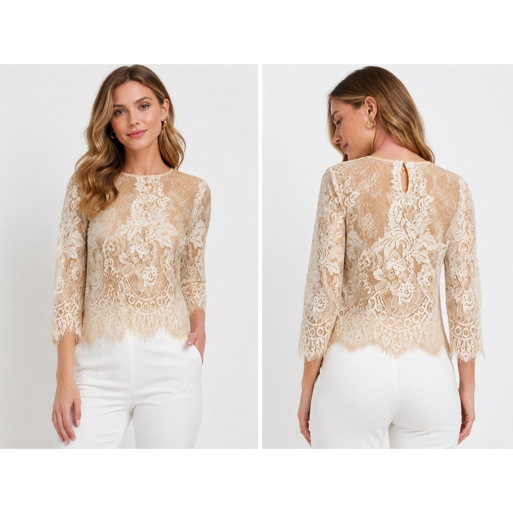 Obsessive Love Floral Eyelash Lace Blouse Champagne Cream 3/4 Sleeve Medium NWT‎
